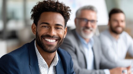 Smiling african male adult professional in business meeting with colleagues blurred in background