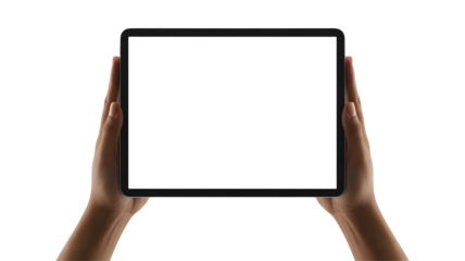 Hands holding modern tablet device, perfect for app or website mockup