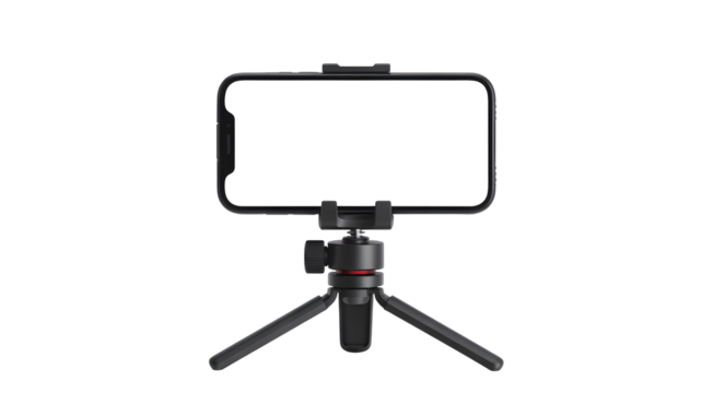 Mobile phone mounted on tripod stand, ready for content creation
