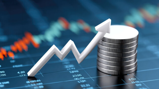 Financial growth concept: rising arrow and stacked coins on stock market chart