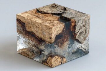 Close up of a handcrafted multi-colored wooden die with circular indentations on a plain grey background creating a unique aesthetic