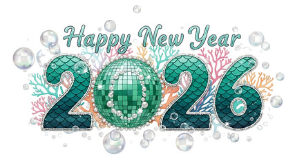 Happy new year 2026 festive typography with glittering numbers and fireworks isolated on transparent background