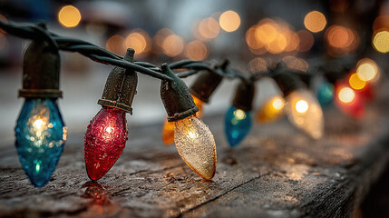 A detailed close-up of vintage Edison bulb Christmas lights