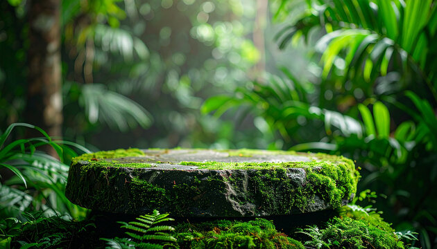 Moss-covered stone pedestal surrounded by lush tropical rainforest plants, rough textured podium
