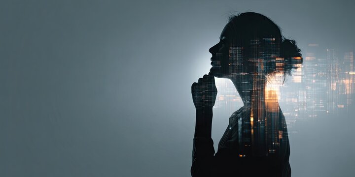 Thoughtful woman silhouette with digital data and technology graphics representing innovation, ideas, and modern thinking in a creative concept