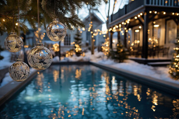 A heated outdoor pool in snowy backyard with floating ornaments