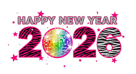 Celebrate happy new year 2026 with festive glittering numbers and disco ball sparkle isolated on transparent background