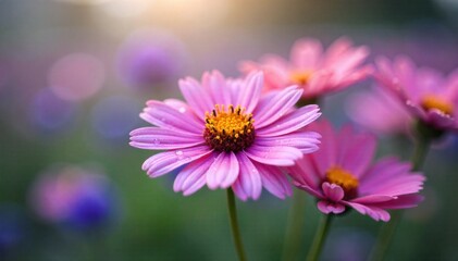 Obraz premium Whimsical wildflower meadow border with dew drops, soft morning light, macro detail. A macro photograph of a vibrant wildflower border with delicate dew drops glistening on the petals. Soft, diffused