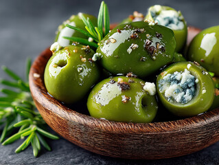 A bowl of green olives stuffed with creamy blue cheese