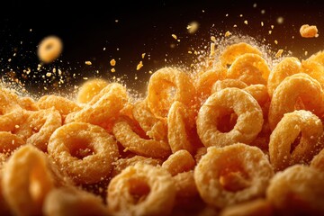 Flying cereal rings and oat pieces, breakfast food falling against a black background in a dark studio during the daytime, ready to be eaten