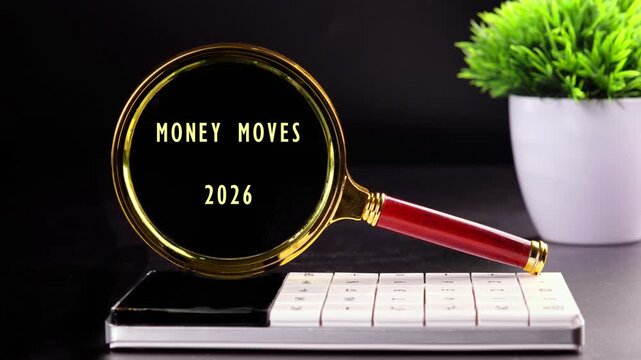 A magnifying glass reveals scattered letters, clarifying into Money Moves 2026, focusing on business strategy and future success