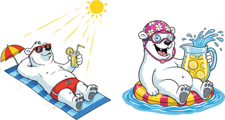 Cute polar bears enjoying summer vacation, relaxing in sunshine, drinking lemonade, wearing swimwear, sunglasses, and swimming ring, fun holiday concept illustration