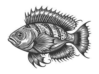 Fototapeta premium exotic tropical fish with ornate fins and scales, showcasing marine beauty in classic illustration style sketch engraving generative ai raster illustration. Scratch board imitation. Black and white.