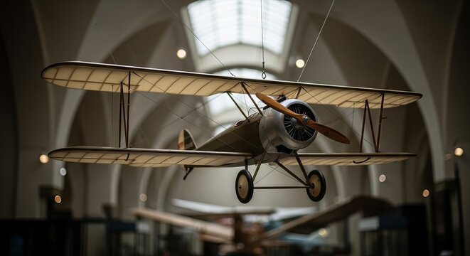 Vintage biplane model suspended in museum hallway
