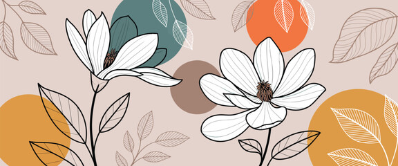 Floral and Botanical Line Art Background &ndash; Summer Toned Tropical Leaves, Lotus Flower, Ginkgo Leaves, Branch Vector with Watercolor Wallpaper, Circle Sun for Banners, Prints, Posters, Wall Art