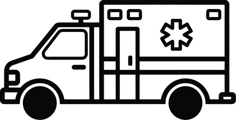 A simple black and white line drawing of an ambulance with a star of life on the side of the vehicle
