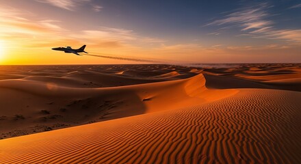 Jet fighter airplane flying over desert dunes at sunset with contrail