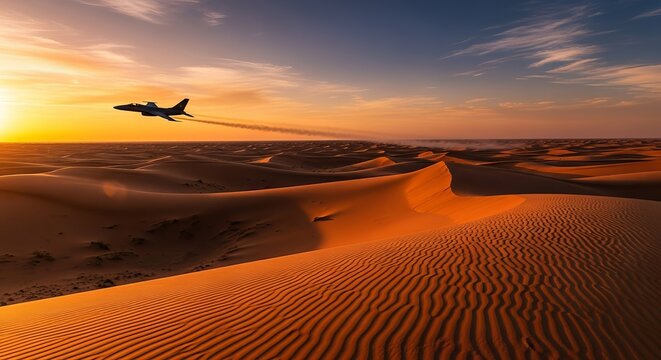 Jet fighter airplane flying over desert dunes at sunset with contrail