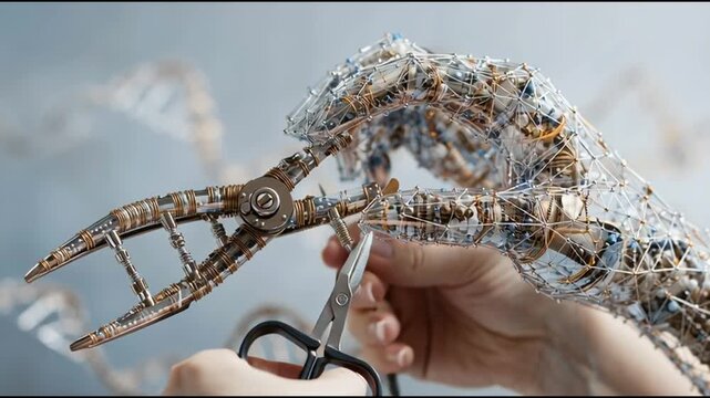 Genetic Engineering: A close-up shot capturing a delicate moment of precision in genetic engineering, a pair of scissors is meticulously employed to dissect DNA strand.