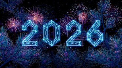 Digital illustration of the year 2026 with glowing blue numbers and fireworks in the background.