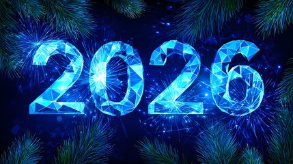 Image of the year 2026 in blue with fireworks and pine branches.
