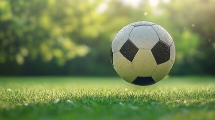 Fototapeta premium A Shiny Soccer Ball Resting on Vibrant Green Sports Turf Under Bright Blue Sky on a Sunny Day