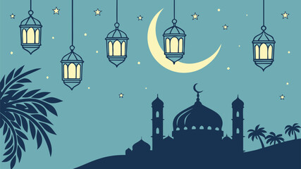 Fototapeta premium A silhouette of a mosque with minarets under a crescent moon and hanging lanterns in a night scene
