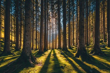Obraz premium Forest floor, sunlight filtering through tall, dense trees