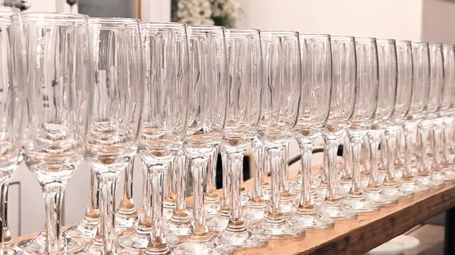 Bicchieri da champagne preparati in fila per una festa di Matrimonio