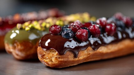 Brightly colored eclairs sit temptingly on a surface, each topped with vibrant berries and nuts. These sweet treats, perfect for any occasion, invite indulgence and joy at a dessert table