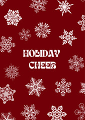 White snowflakes on red background with holiday cheer text for Christmas and winter seasonal decoration