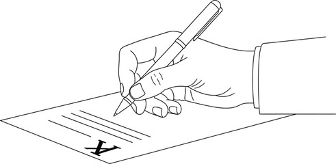 A hand in a suit writing on a prescription pad with a pen in a black and white line drawing illustration