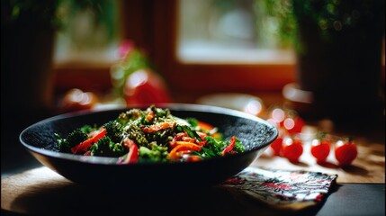 Fresh broccoli and pepper salad is served in a dark bowl.