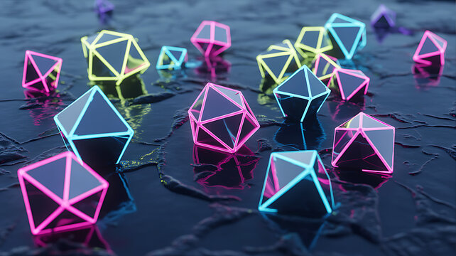 Neon geometric polyhedra glowing on dark textured wet surface geometric shapes neon light