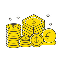 A collection of yellow coins and bills with dollar and euro symbols, symbolizing financial growth and different currencies.