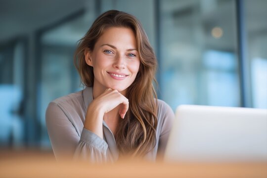 Confident smiling businesswoman sitting at desk with laptop in bright modern office working remotely with focus and ease