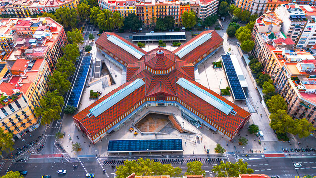 Aerial view of the Mercat del Ninot's cross-shaped roof tiles and symmetric architecture contrast with the surrounding buildings, Barcelona, Catalunya, Spain.