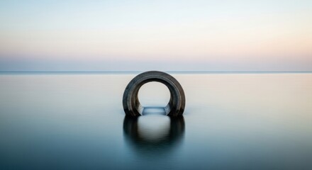 Concrete Arch in Calm Water: Serene Coastal Landscape at Sunset