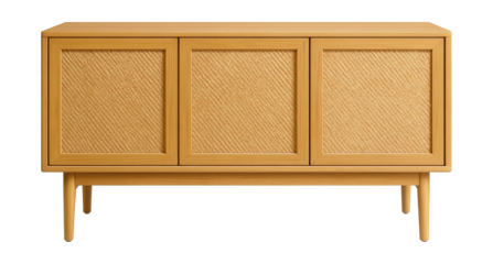 A bamboo sideboard with woven panels, ideal for eco-friendly storage solutions.