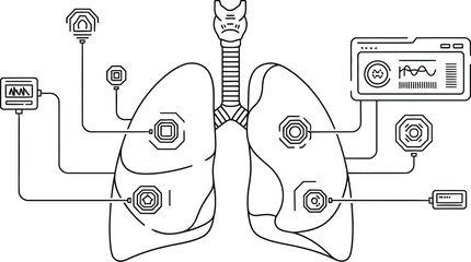 Outline illustration of lungs connected to various monitoring devices and data visualization panels