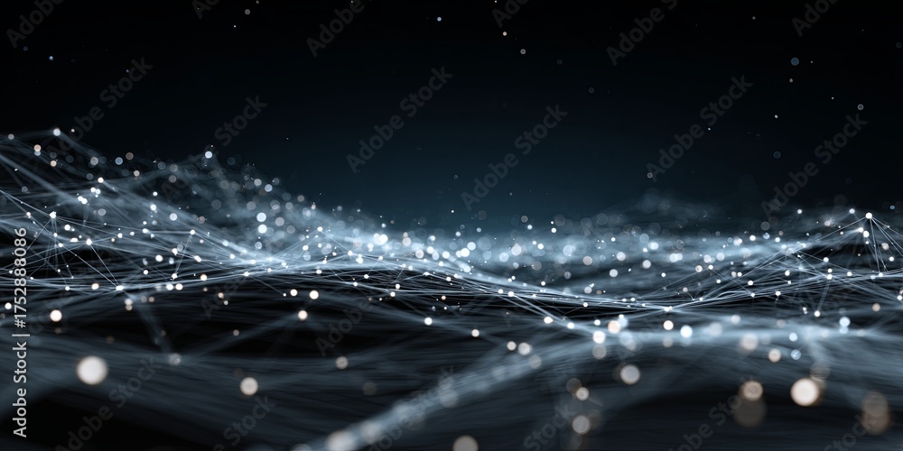 Wall mural futuristic digital landscape with bright light beams and abstract network connections in dark backgr