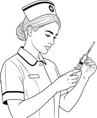 A nurse in uniform preparing a syringe with medication for injection in a black and white illustration