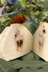 Fig flavoured goats cheese with figs on a background of fig leaves and fig trees