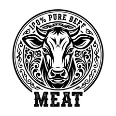 100% Beef Meat Label Engraving Vector Illustration