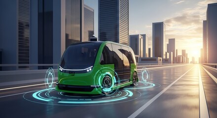Futuristic green autonomous shuttle driving on a smart city road