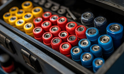 Organized Toolbox: Colorful, Detailed Close-Up of Nuts and Bolts