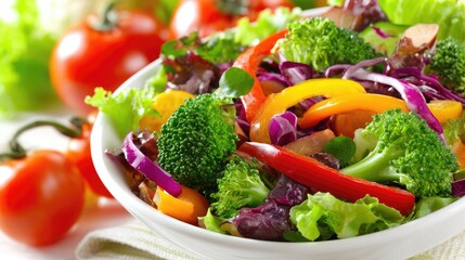 Fresh garden salad with colorful vegetables in a white bowl.