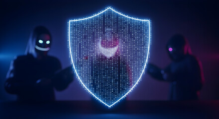 Cybersecurity shield with binary code protecting against anonymous hackers in a dark, futuristic setting