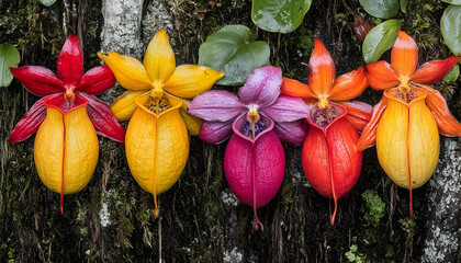 Vibrant Rainbow of Tropical Slipper Orchids on Mossy Bark