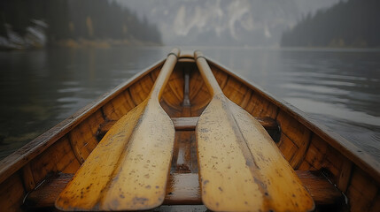 Wooden Canoe on Misty Mountain Lake